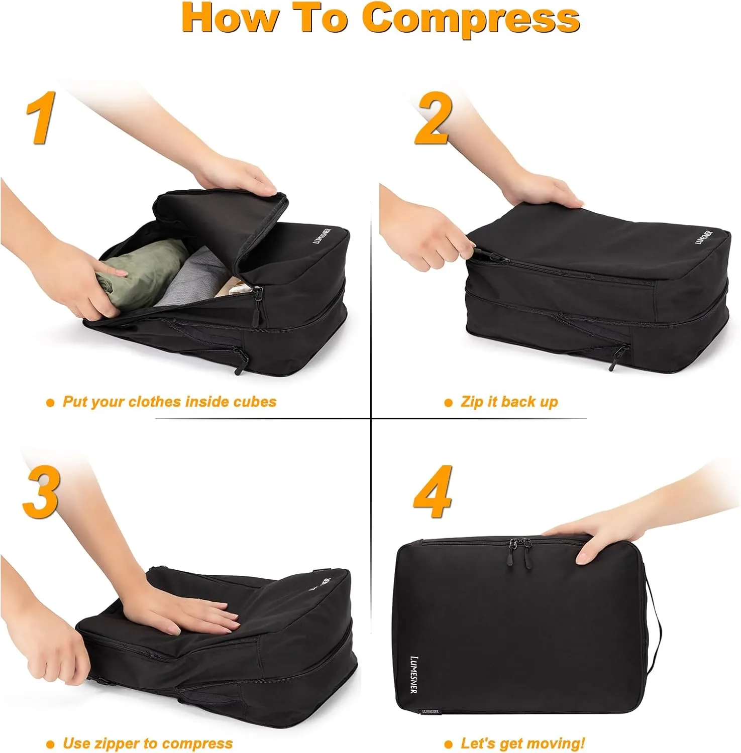 Compression Packing Cubes, Lumesner 8 Set Travel Packing Cubes for Carry on Suitcases, Compression Suitcase Organizers Bag Set & Travel Cubes (8-piece, Black)