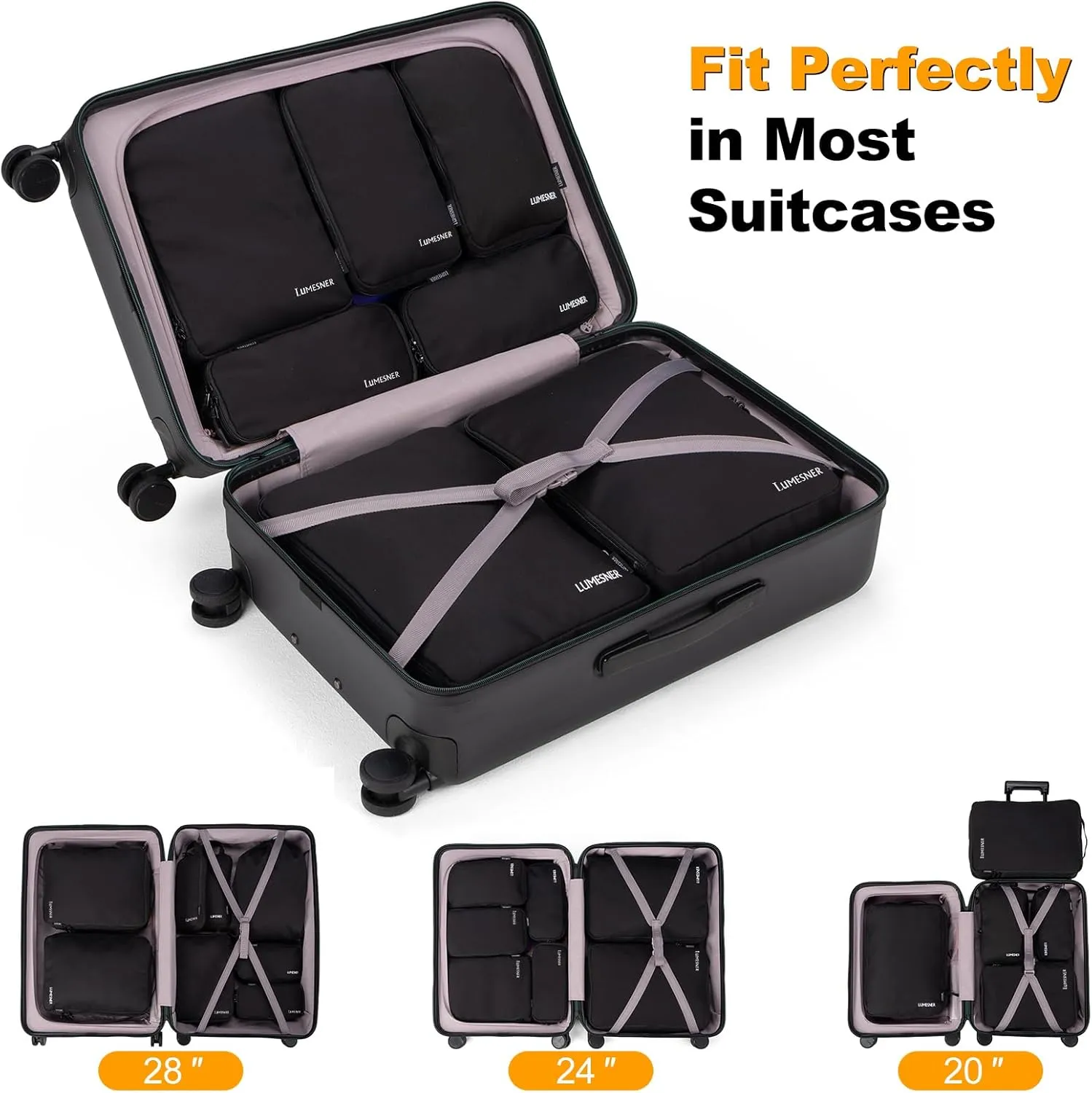 Compression Packing Cubes, Lumesner 8 Set Travel Packing Cubes for Carry on Suitcases, Compression Suitcase Organizers Bag Set & Travel Cubes (8-piece, Black)