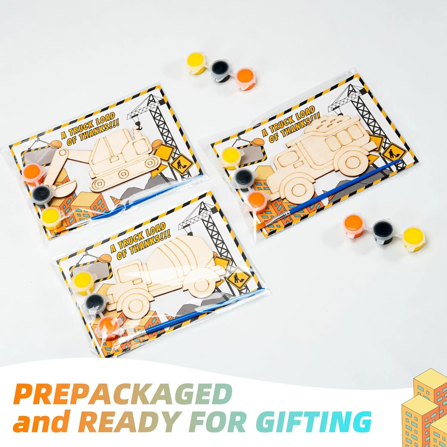Construction-Themed Party Favors for kids.Pre-packaged Set of 12 DIY Wooden Truck painting kit-Includes Paints, Brush, Wooden Truck and Personalized Card. Perfect Birthday Party Favors and Loot bags