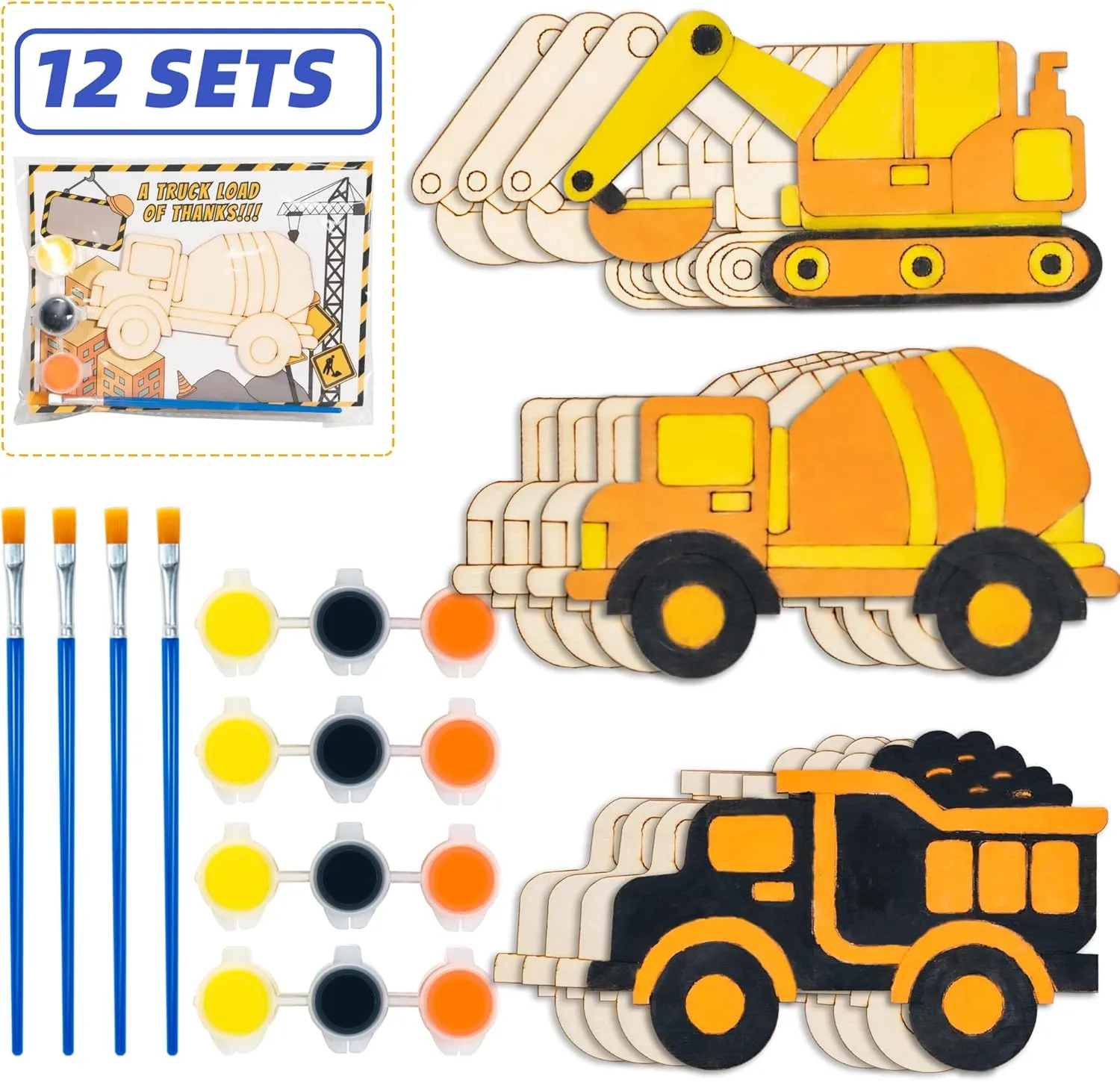 Construction-Themed Party Favors for kids.Pre-packaged Set of 12 DIY Wooden Truck painting kit-Includes Paints, Brush, Wooden Truck and Personalized Card. Perfect Birthday Party Favors and Loot bags