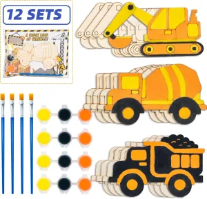 Construction-Themed Party Favors for kids.Pre-packaged Set of 12 DIY Wooden Truck painting kit-Includes Paints, Brush, Wooden Truck and Personalized Card. Perfect Birthday Party Favors and Loot bags