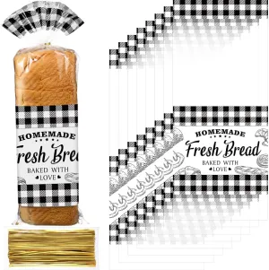 Containlol 100 Pack Bread Bags for Homemade Bread with Twist Ties, Clear Plastic Bakery Bags with Black Buffalo Plaid Design for Sourdough, Cookies, Rolls, Home Bakers Gift Packaging