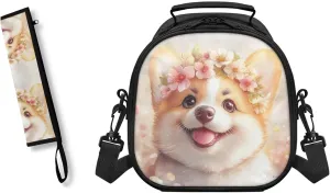 Corgi Floral Lunch Bag Kids Lightweight Crossbody Lunch Tote for Boys Girls with Adjustable Strap Flatware Storage Bag for Fork Spoon 2 Pack Lunch Box Bag for School