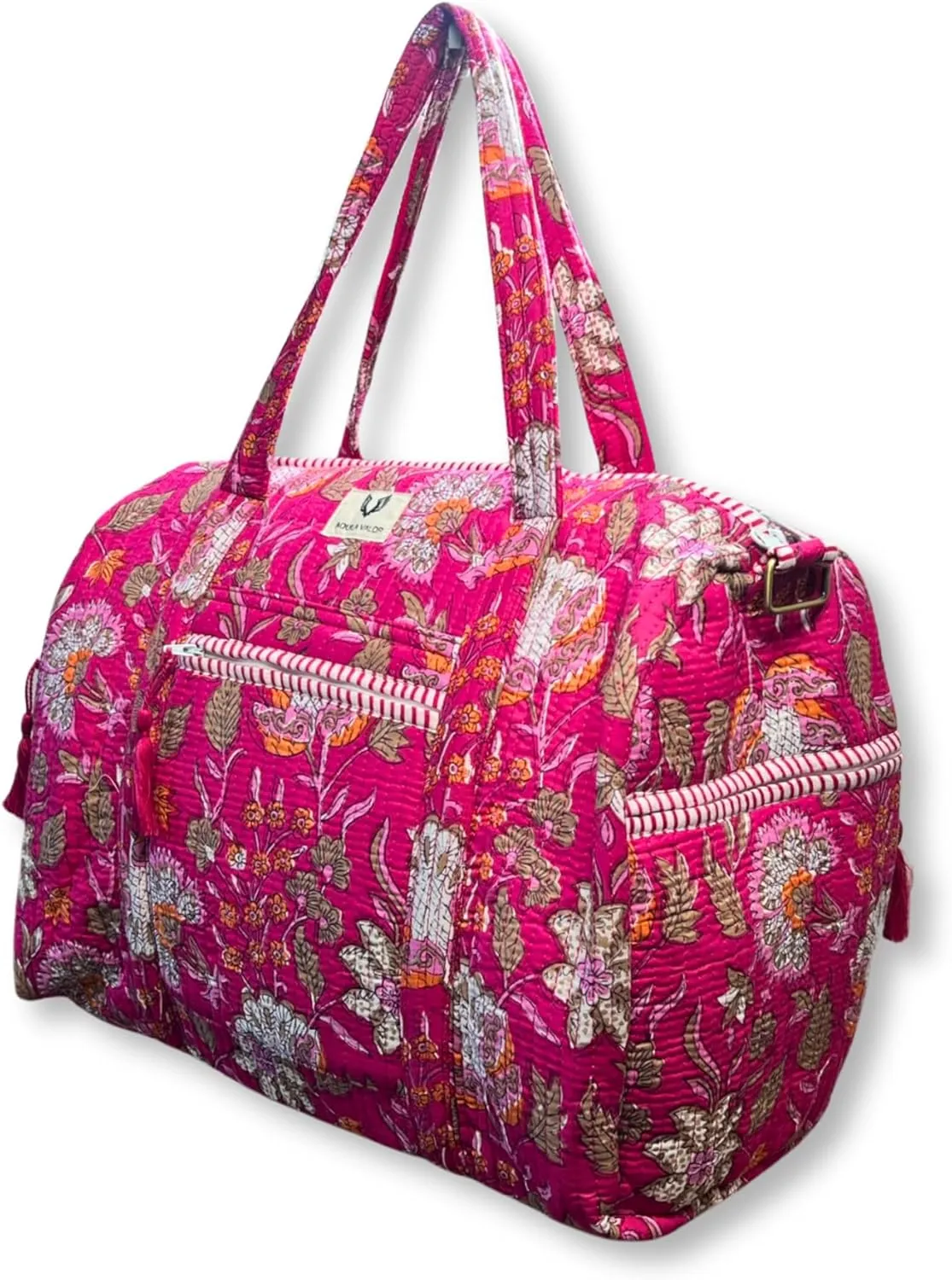 Cotton Weekender Duffel Bag- Hand Block Printed Travel Bag (Blossom Pop)