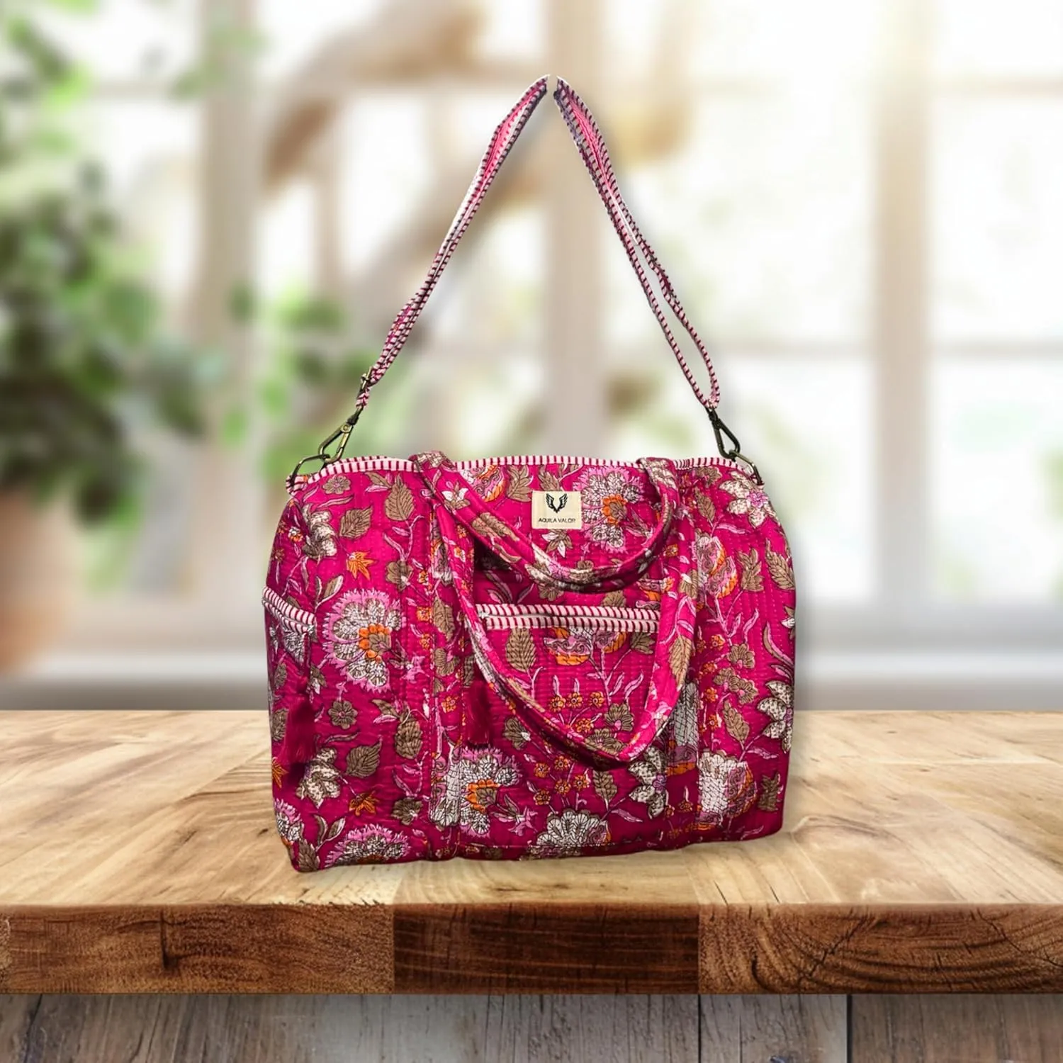 Cotton Weekender Duffel Bag- Hand Block Printed Travel Bag (Blossom Pop)