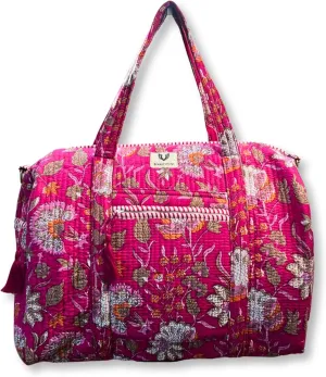 Cotton Weekender Duffel Bag- Hand Block Printed Travel Bag (Blossom Pop)