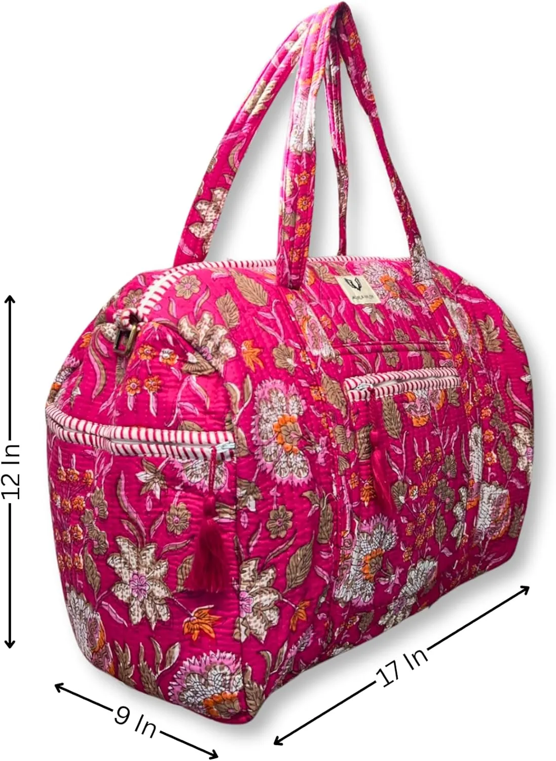 Cotton Weekender Duffel Bag- Hand Block Printed Travel Bag (Blossom Pop)