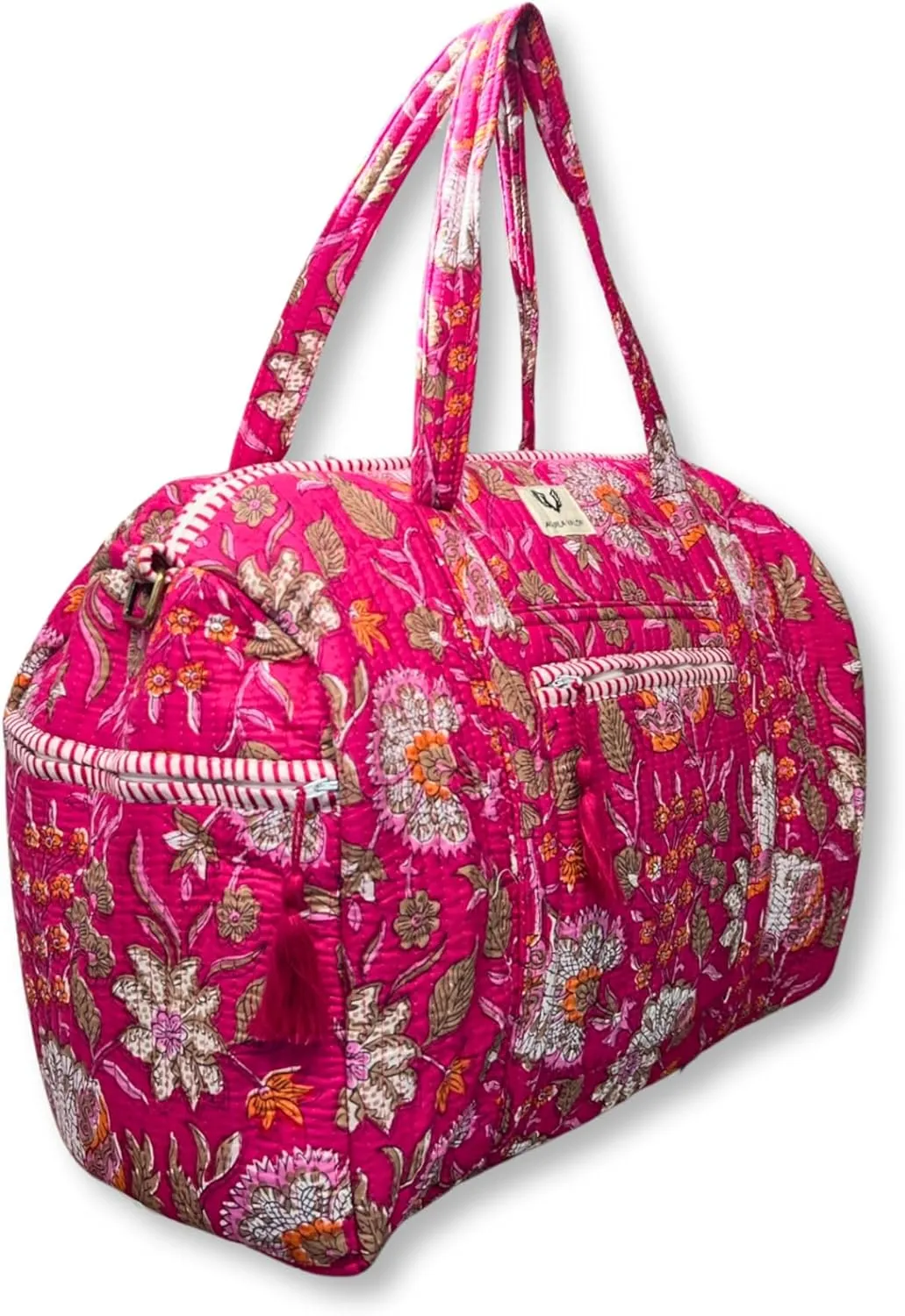 Cotton Weekender Duffel Bag- Hand Block Printed Travel Bag (Blossom Pop)
