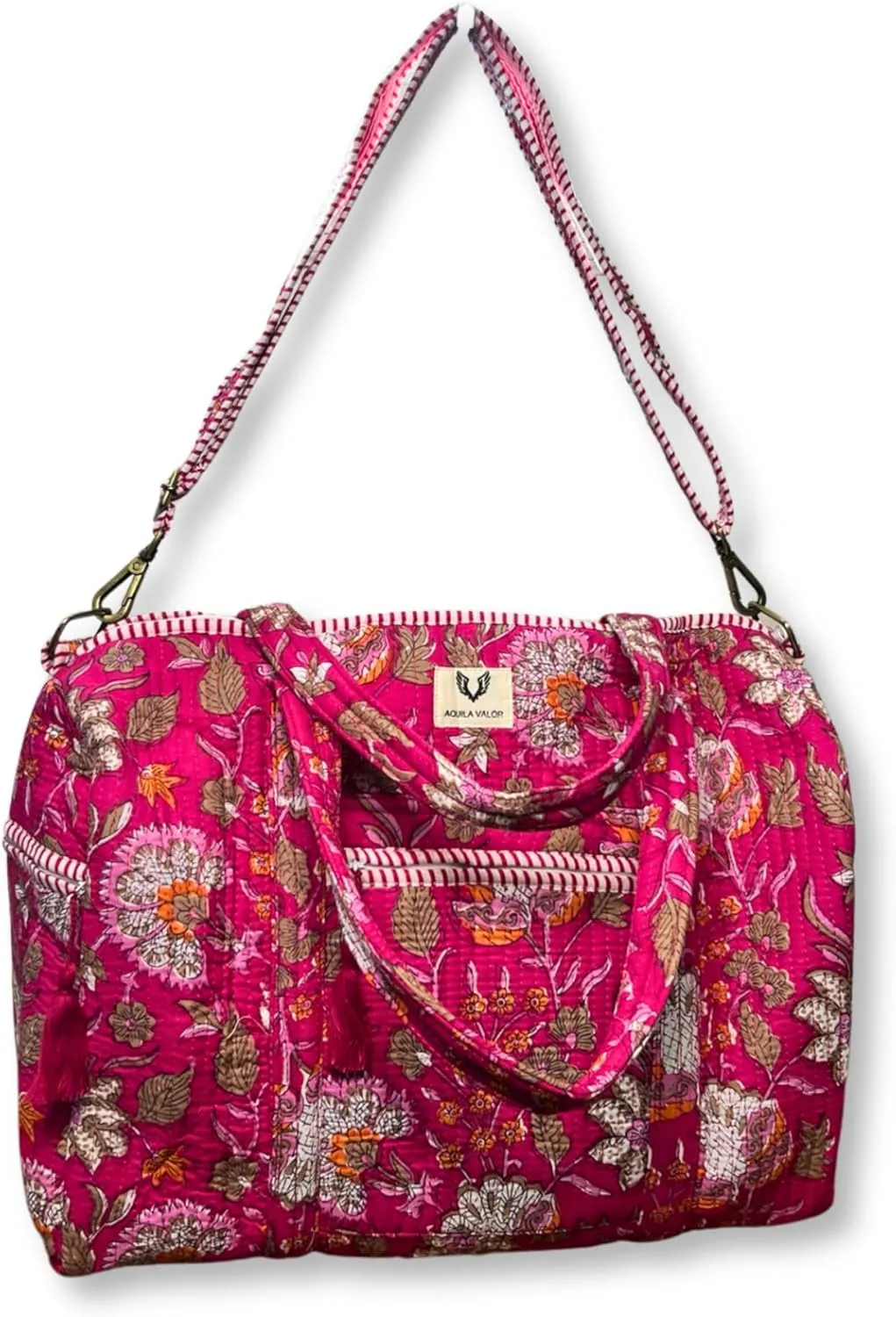 Cotton Weekender Duffel Bag- Hand Block Printed Travel Bag (Blossom Pop)