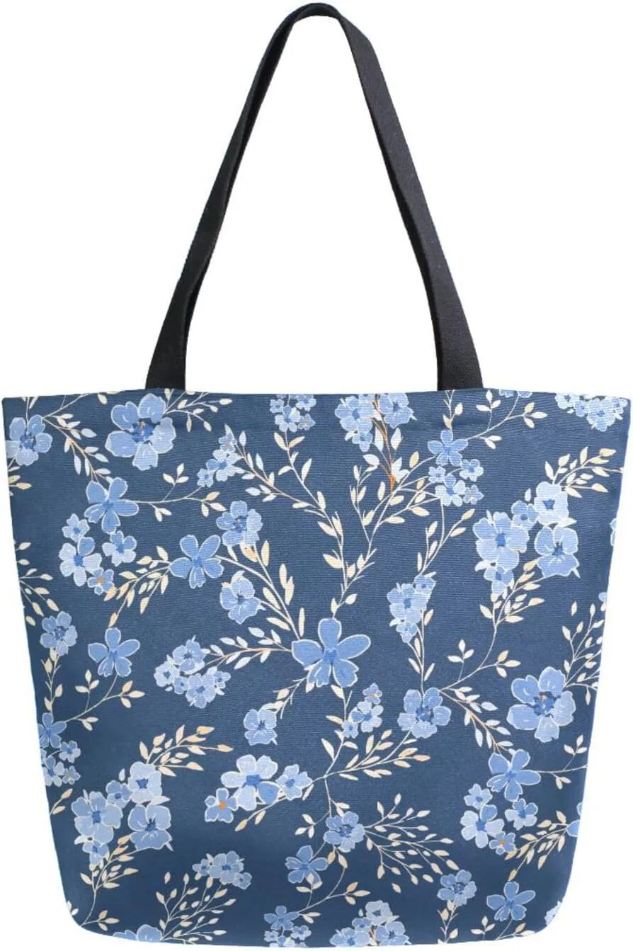 Country Floral Deep Blue Wildflower Canvas Tote Bag for Women with Zipper Pocket Reusable Grocery Shopping Bags Large Travel Shoulder Bag Handbag Bags