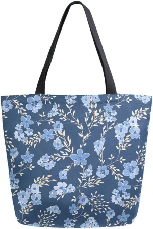 Country Floral Deep Blue Wildflower Canvas Tote Bag for Women with Zipper Pocket Reusable Grocery Shopping Bags Large Travel Shoulder Bag Handbag Bags