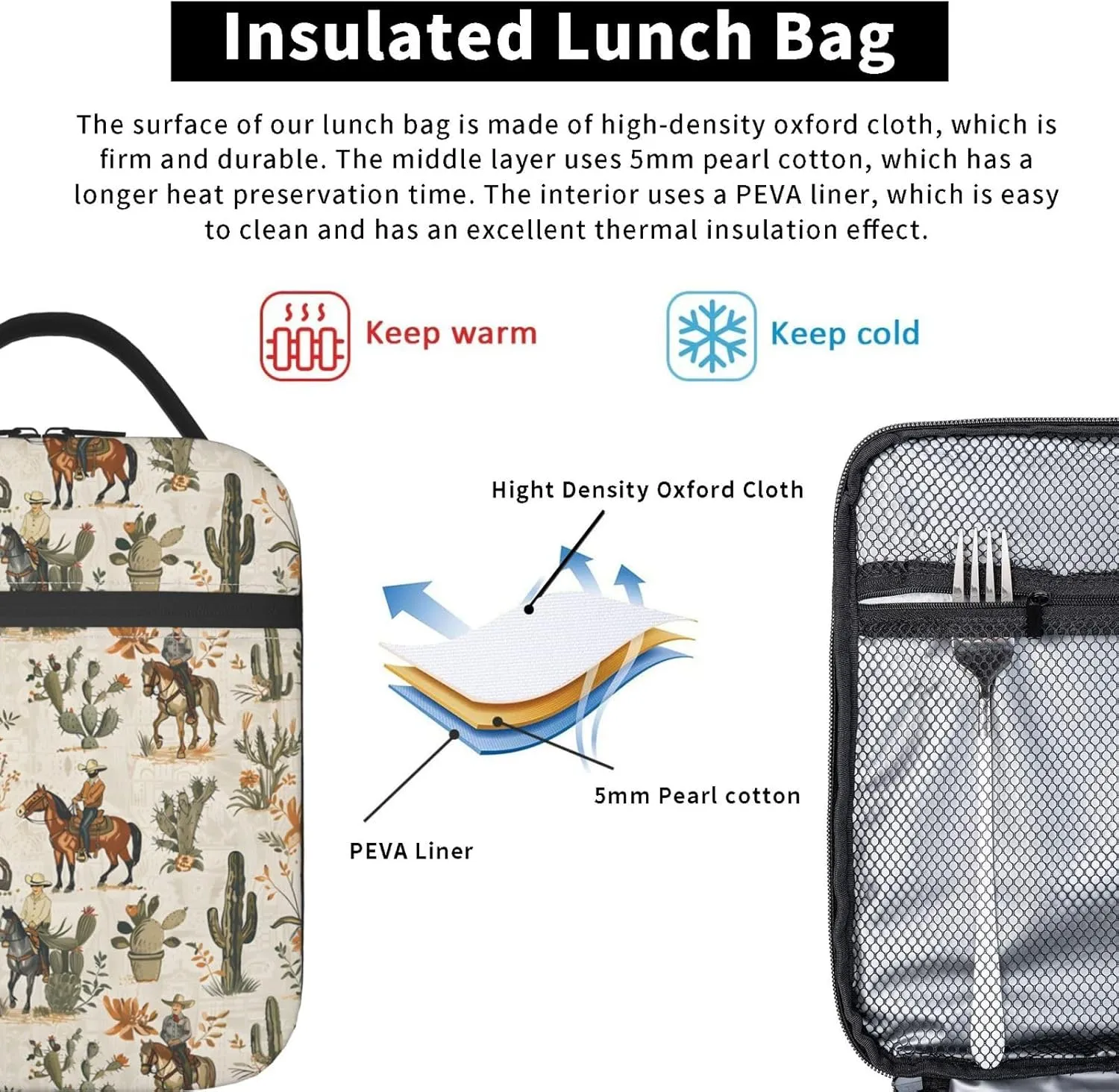 Cowboy and Cactus Rustic Western Lunch Box for Women Men, Insulated Lunch Box, Reusable Lunch Bag for Office, Work, Picnic, Travel