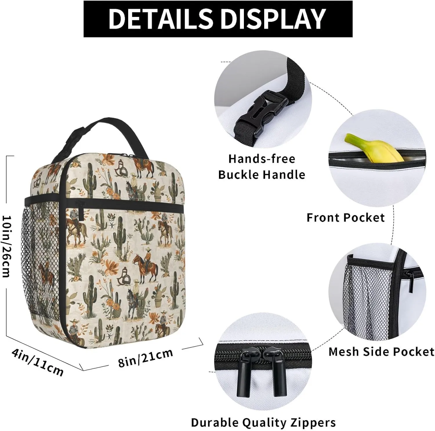 Cowboy and Cactus Rustic Western Lunch Box for Women Men, Insulated Lunch Box, Reusable Lunch Bag for Office, Work, Picnic, Travel