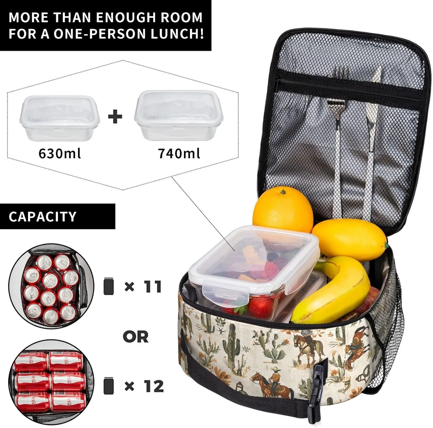 Cowboy and Cactus Rustic Western Lunch Box for Women Men, Insulated Lunch Box, Reusable Lunch Bag for Office, Work, Picnic, Travel