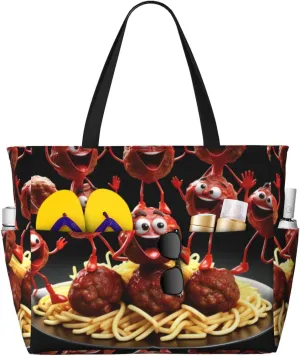 Crazy Meatballs Pattern Print 28L Large Beach Tote Bag, 7 Pockets Waterproof Travel Shoulder Bag, Gym Oversized Tote