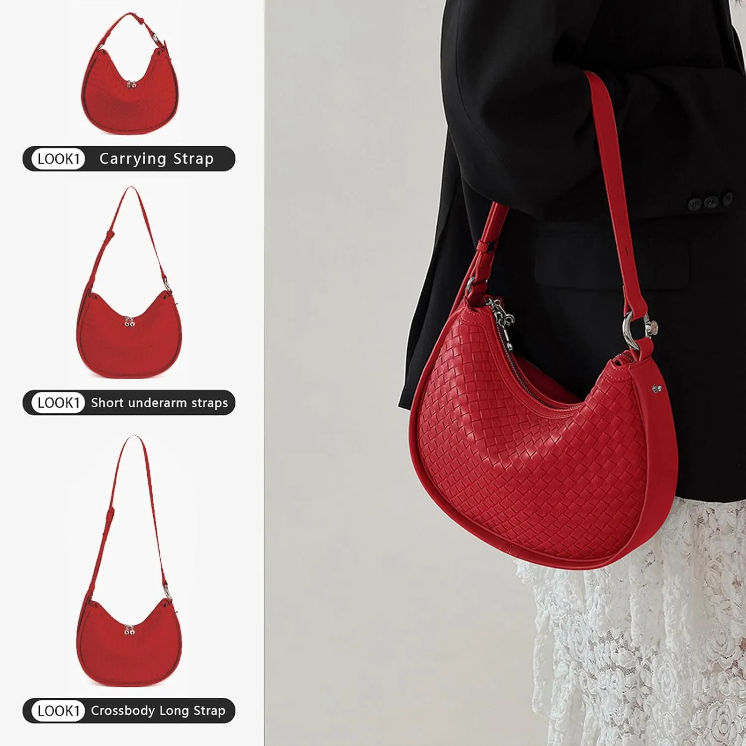 Crescent Shoulder Bag for Women, Woven Crossbody Bag, Small Clutch Purse, Hobo Tote Handbags with Detachable Straps
