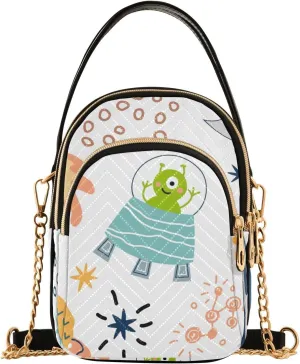 Crossbody Handbags Sling Bags Cute Funny Aliens and Flying Saucers Phone Bag for Women Cross Body Purse Fanny Pack with Leather Handheld and Golden Chain for Traveling Daily
