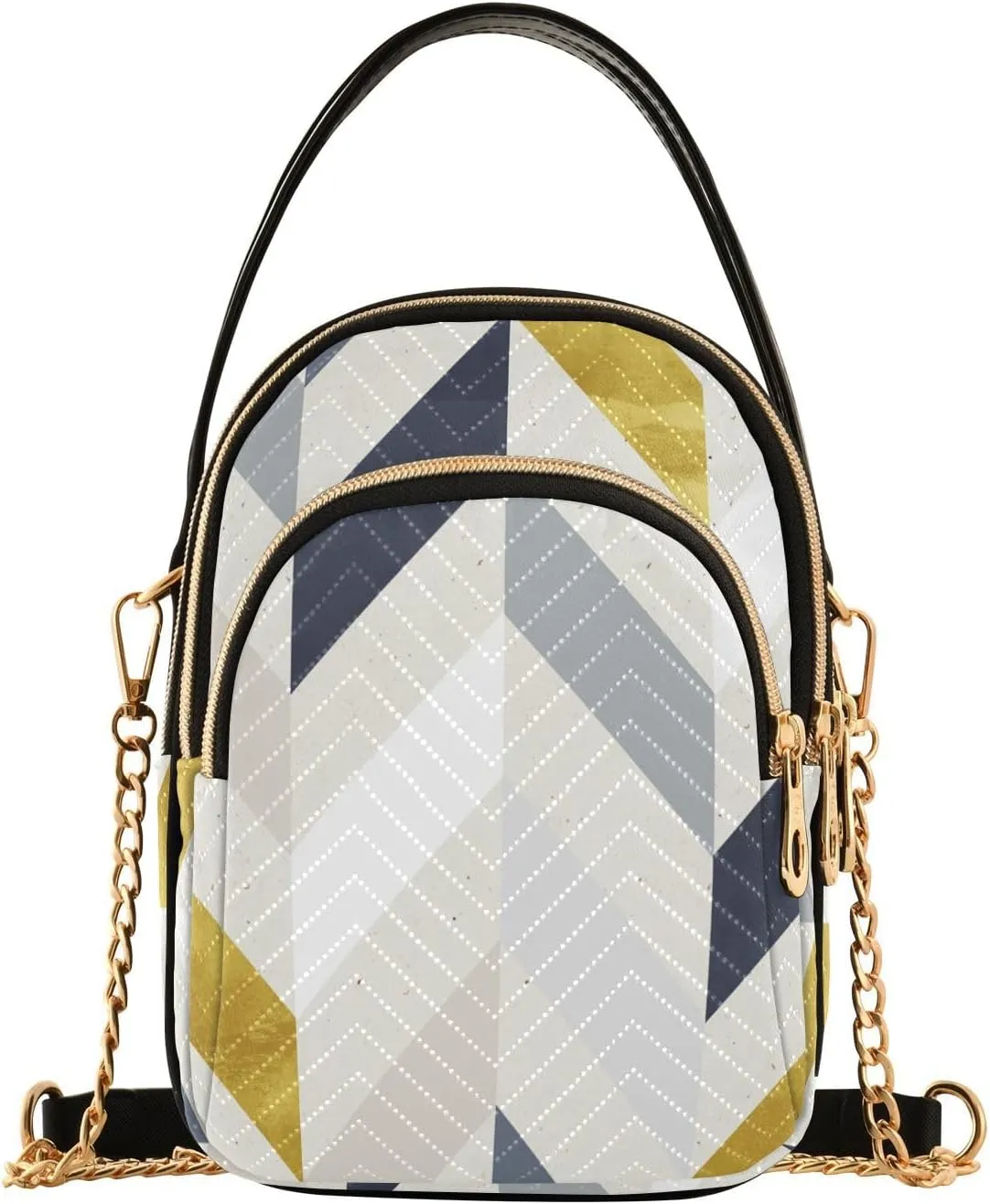 Crossbody Handbags Sling Bags Gold Gray Geometric Patterns Phone Bag for Women Cross Body Purse Fanny Pack with Leather Handheld and Golden Chain for Traveling Daily