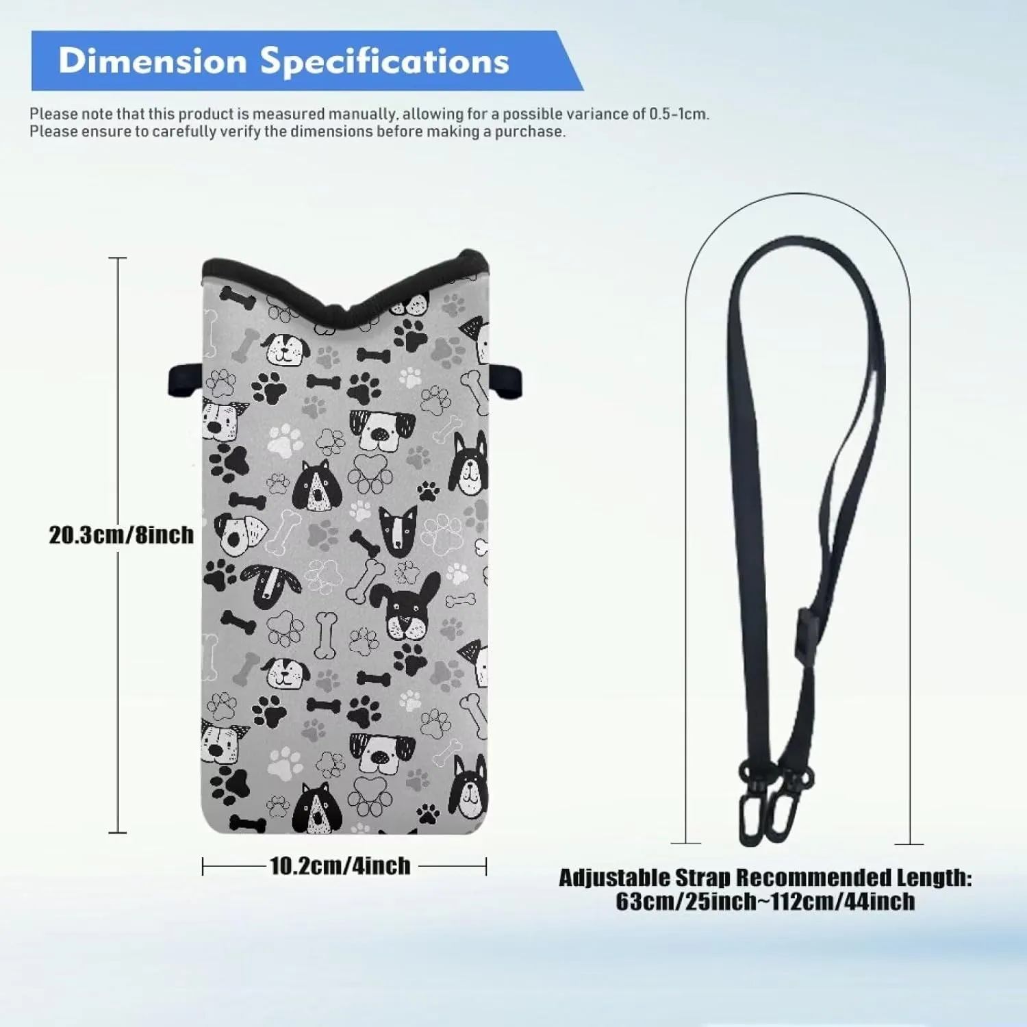 Crossbody Phone Bag Soft Neoprene Phone Bag Portable Cellphone Sleeve Case with Adjustable and Detachable Strap Top Opening Phone Purse, 4 X 8 Inch, Doodle Dog Paw Gray