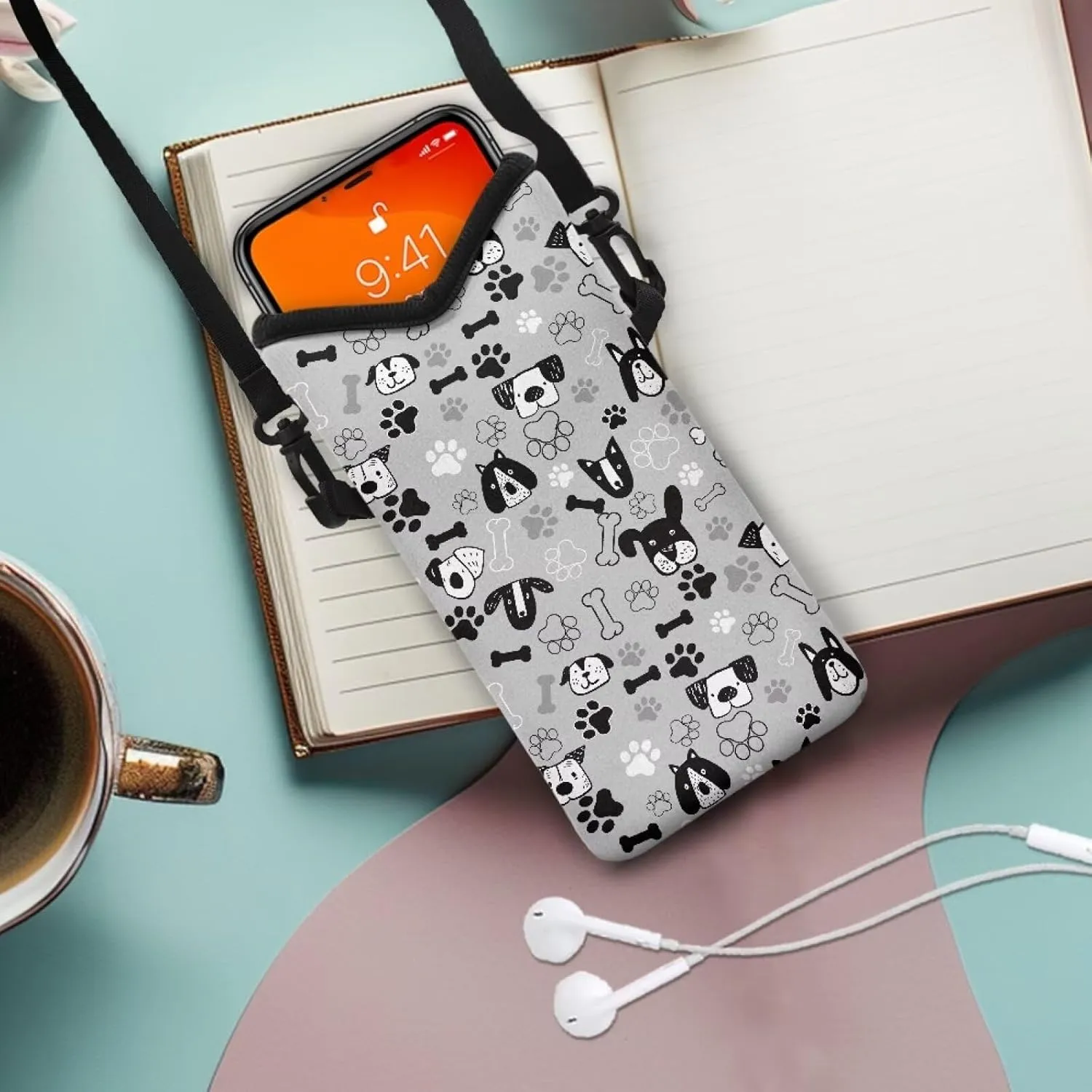 Crossbody Phone Bag Soft Neoprene Phone Bag Portable Cellphone Sleeve Case with Adjustable and Detachable Strap Top Opening Phone Purse, 4 X 8 Inch, Doodle Dog Paw Gray