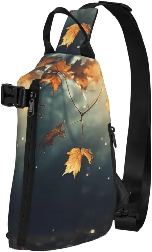 Crossbody Sling Backpack Autumn leaves flying in the misty forest Sling Bag for Women Men Chest Bag Fashion Waist Bag Adjustable Fanny Pack