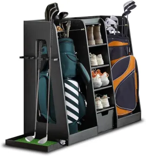 CuisinSmart Wooden Golf Bag Organizer and Storage Rack, Golf Bag Stand Holds 2 Golf Bags and Multiple Golfing Equipment Accessories, Golf Bag Storage with Drawers for Garage, Indoor Spaces and More