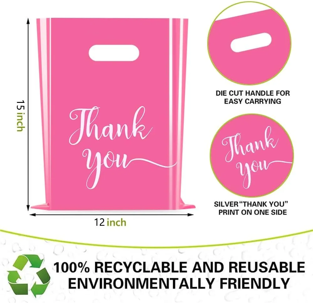 Cupplation Pink Thank You Merchandise Bags,Large 12x15 inches 100 Pack, Extra Thick1.85 Mil, Retail Plastic Shopping Merchandise Gift Bags Tear Resistant Strong Durable Anti Stretch, 100% Recyclable