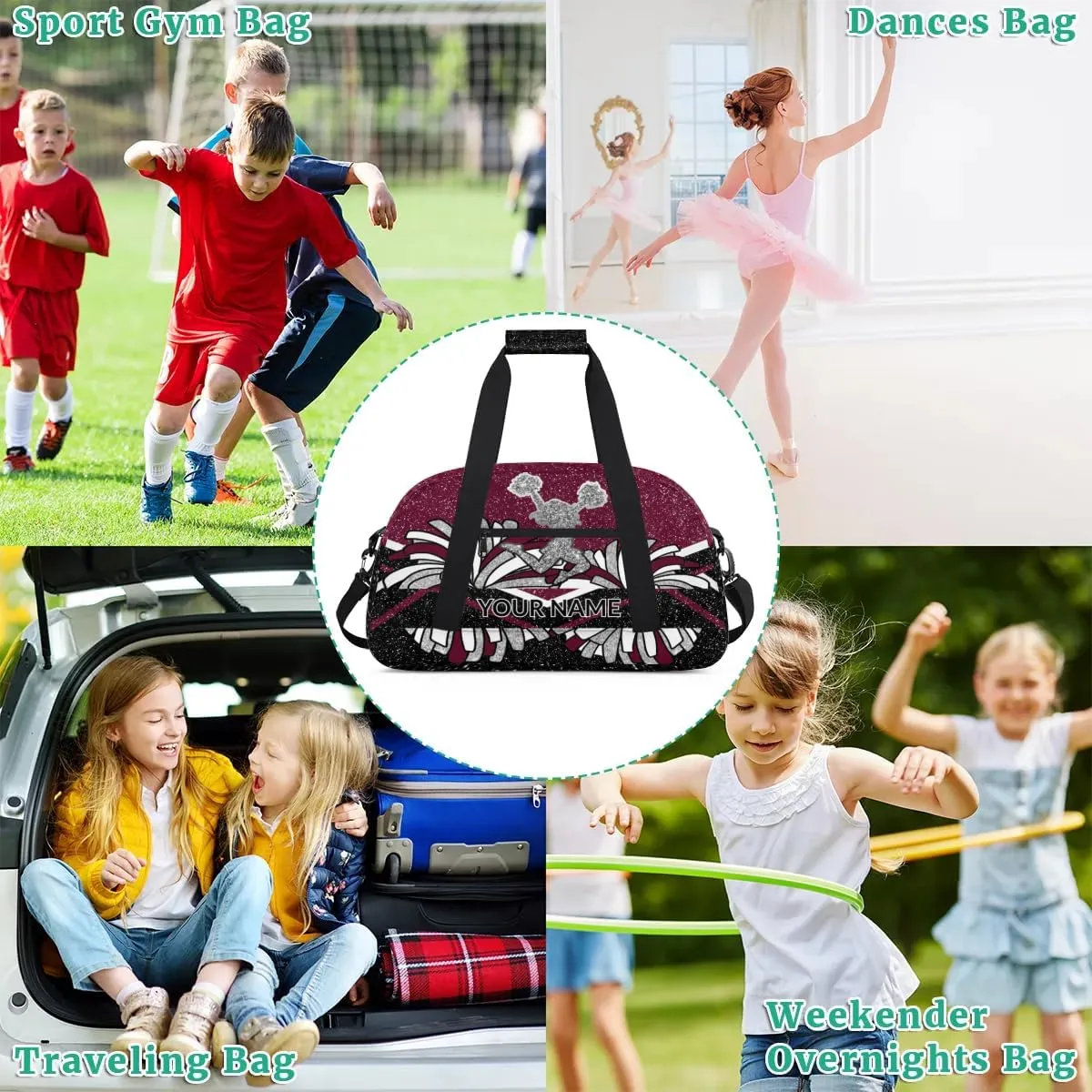 Custom Cheerleading Bag, Personalized Cheer Gym Bag with Name, Weekender Travel Overnight Bag for Women Black Maroon