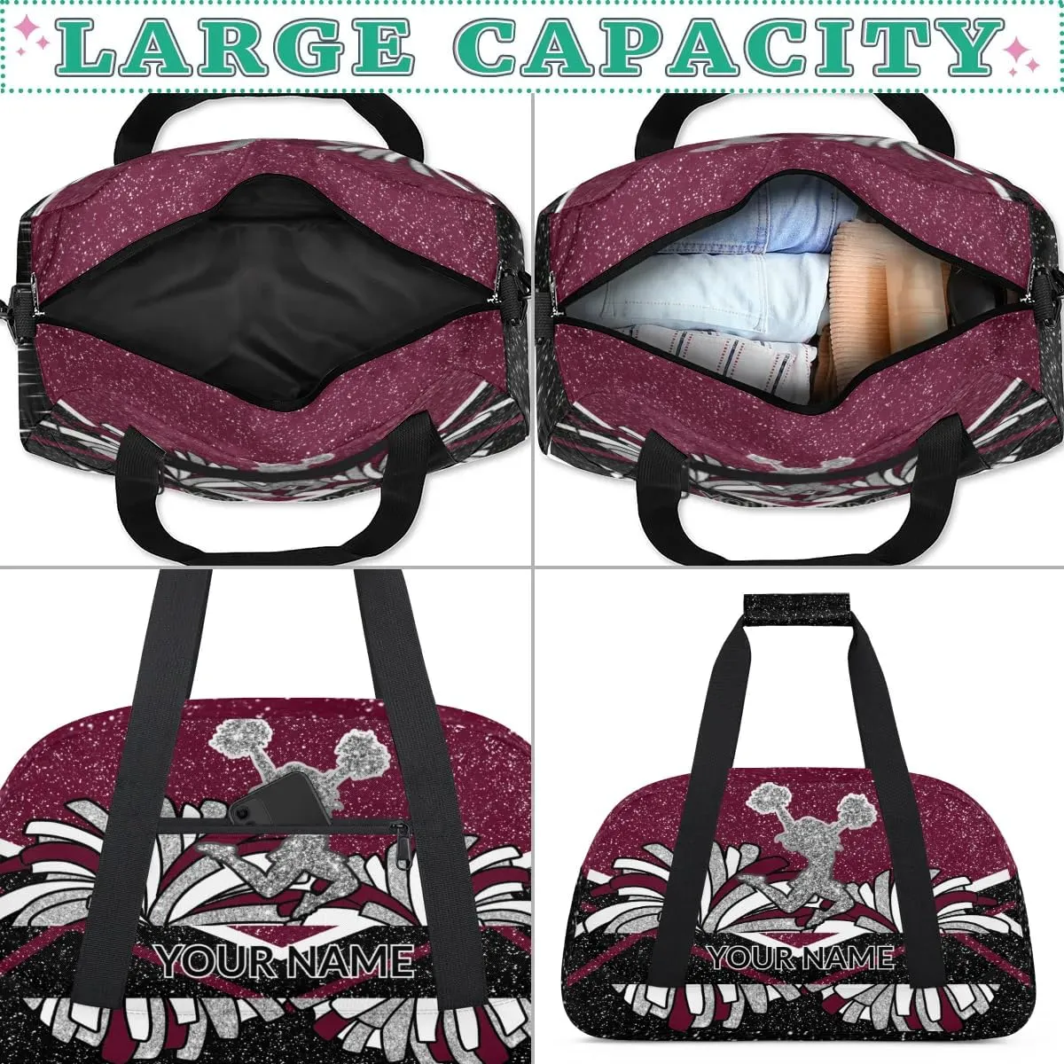Custom Cheerleading Bag, Personalized Cheer Gym Bag with Name, Weekender Travel Overnight Bag for Women Black Maroon