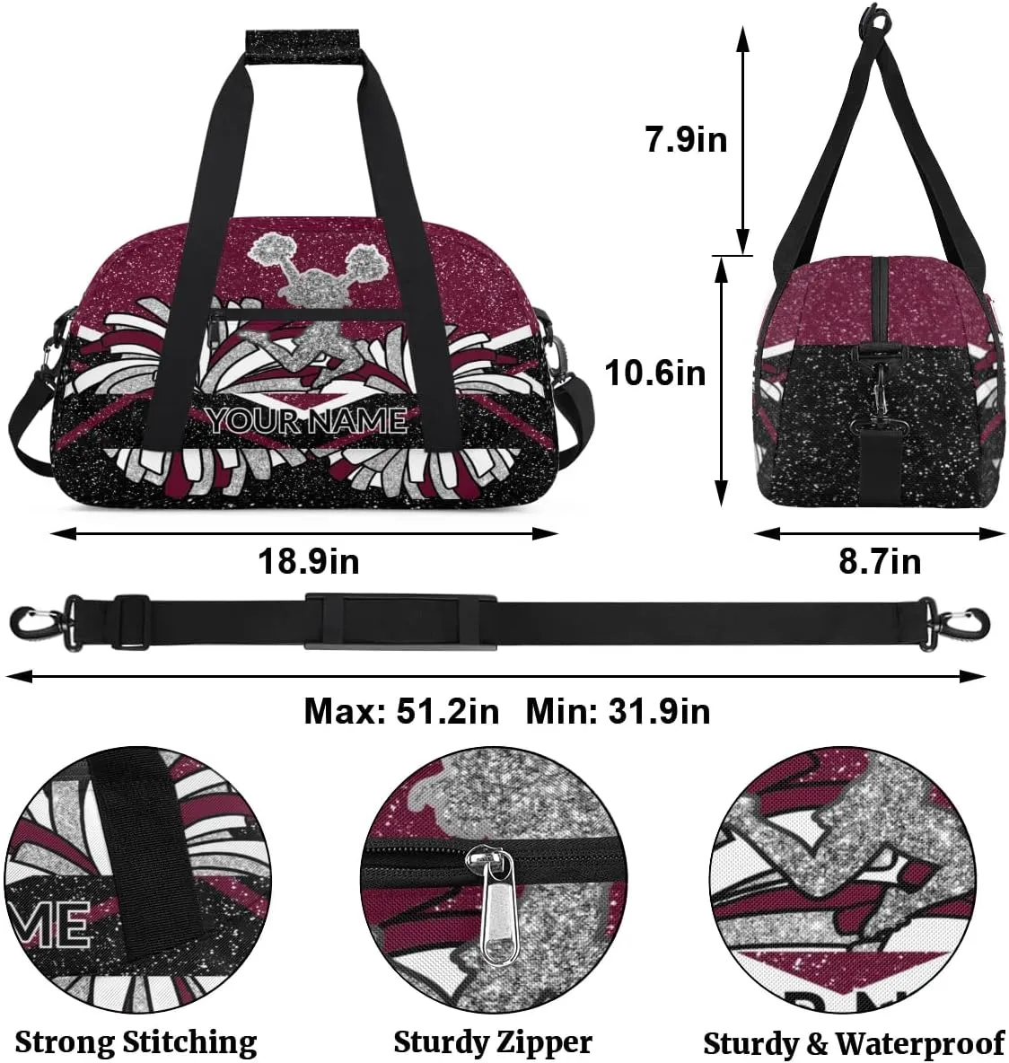 Custom Cheerleading Bag, Personalized Cheer Gym Bag with Name, Weekender Travel Overnight Bag for Women Black Maroon