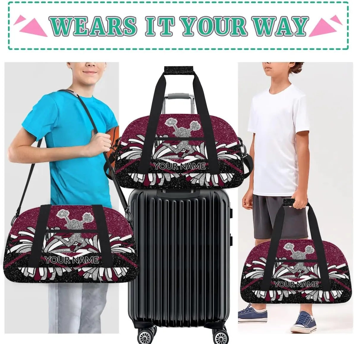 Custom Cheerleading Bag, Personalized Cheer Gym Bag with Name, Weekender Travel Overnight Bag for Women Black Maroon