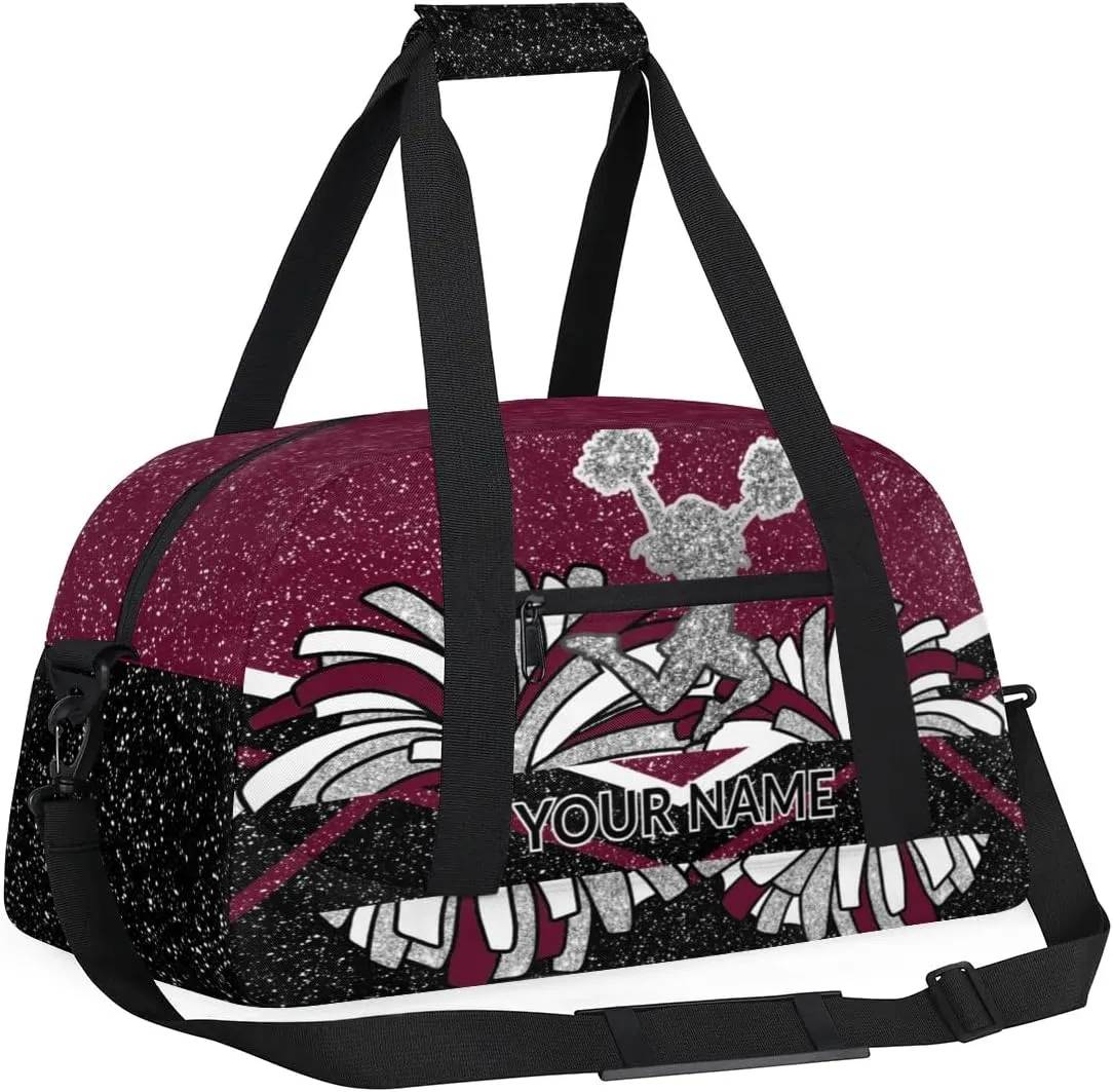 Custom Cheerleading Bag, Personalized Cheer Gym Bag with Name, Weekender Travel Overnight Bag for Women Black Maroon