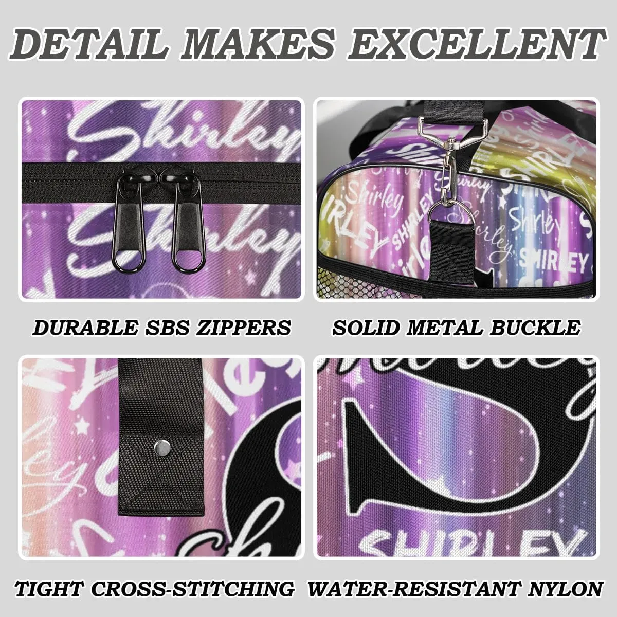 Custom Gym Bag Sports Bag, Personalized Name Duffel Bag Travel Weekender Bags Waterproof Overnight Carry on Bag with Name, Glitter Striped
