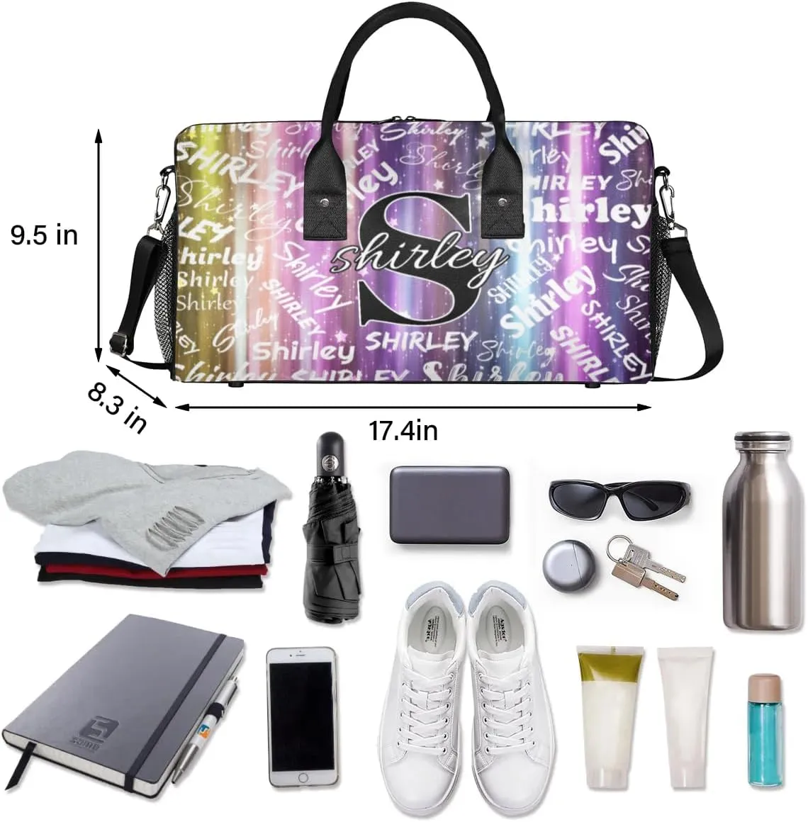 Custom Gym Bag Sports Bag, Personalized Name Duffel Bag Travel Weekender Bags Waterproof Overnight Carry on Bag with Name, Glitter Striped