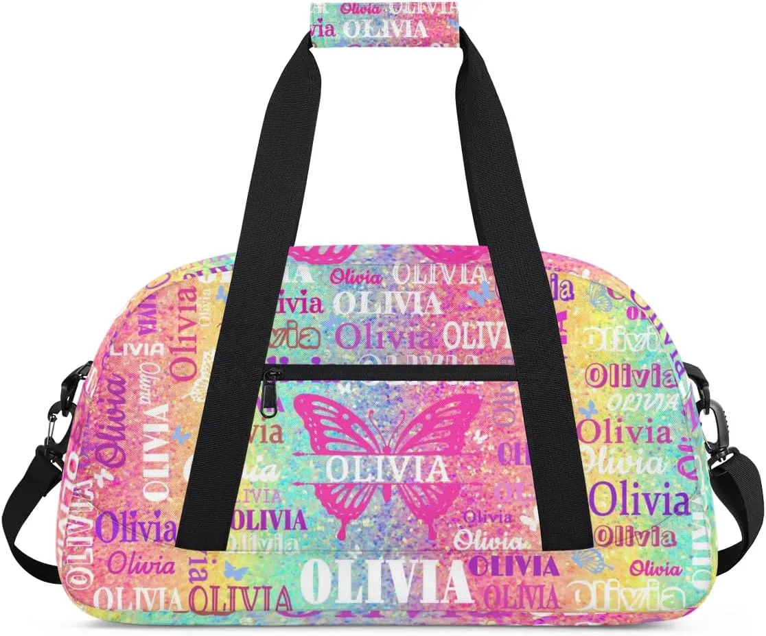 Custom Gym Dance Bag with Butterflies, Personalized Sports Bag for Teens Waterproof Weekender Carry Practice Travel Bag, Bright Colorful Rainbow Pink Yellow Aqua Striped