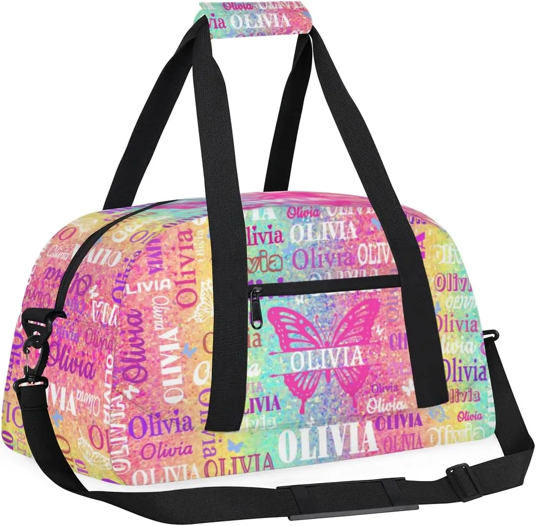 Custom Gym Dance Bag with Butterflies, Personalized Sports Bag for Teens Waterproof Weekender Carry Practice Travel Bag, Bright Colorful Rainbow Pink Yellow Aqua Striped