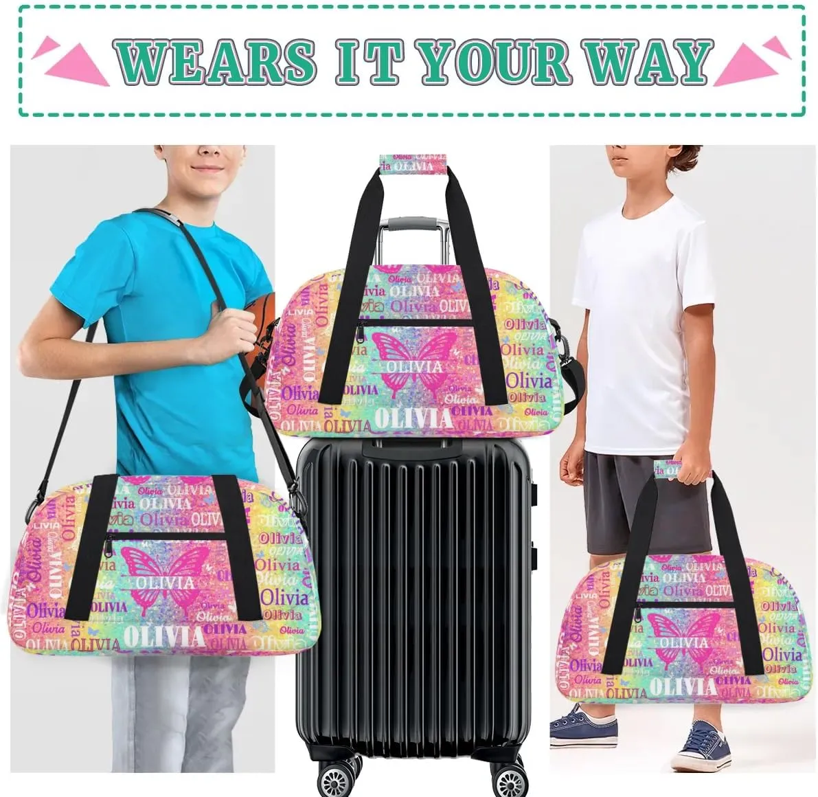 Custom Gym Dance Bag with Butterflies, Personalized Sports Bag for Teens Waterproof Weekender Carry Practice Travel Bag, Bright Colorful Rainbow Pink Yellow Aqua Striped