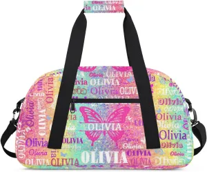Custom Gym Dance Bag with Butterflies, Personalized Sports Bag for Teens Waterproof Weekender Carry Practice Travel Bag, Bright Colorful Rainbow Pink Yellow Aqua Striped