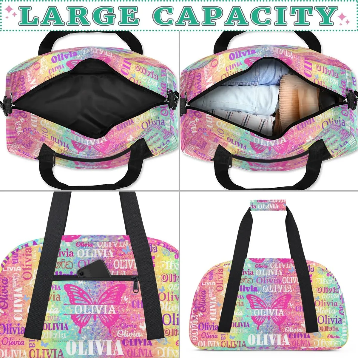 Custom Gym Dance Bag with Butterflies, Personalized Sports Bag for Teens Waterproof Weekender Carry Practice Travel Bag, Bright Colorful Rainbow Pink Yellow Aqua Striped