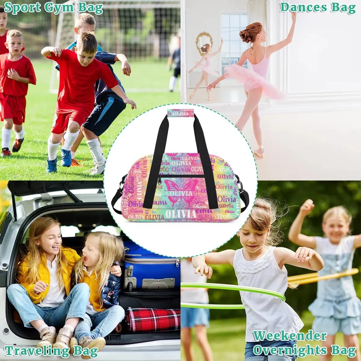 Custom Gym Dance Bag with Butterflies, Personalized Sports Bag for Teens Waterproof Weekender Carry Practice Travel Bag, Bright Colorful Rainbow Pink Yellow Aqua Striped