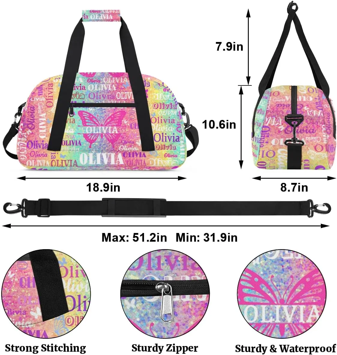 Custom Gym Dance Bag with Butterflies, Personalized Sports Bag for Teens Waterproof Weekender Carry Practice Travel Bag, Bright Colorful Rainbow Pink Yellow Aqua Striped