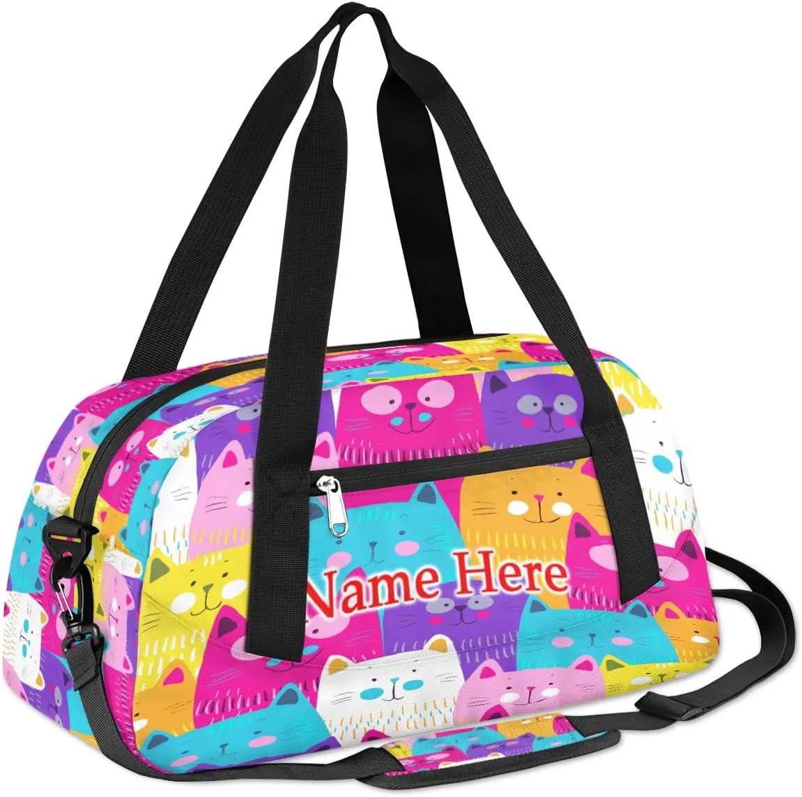 Custom Name Small Kids Overnighter Duffle Bag for Boys Girls Cute Rainbow Cats Personalized Lightweight Gym Sports Duffle Bag Travel Weekender Tote Carry on Bag Customized Kids Gifts