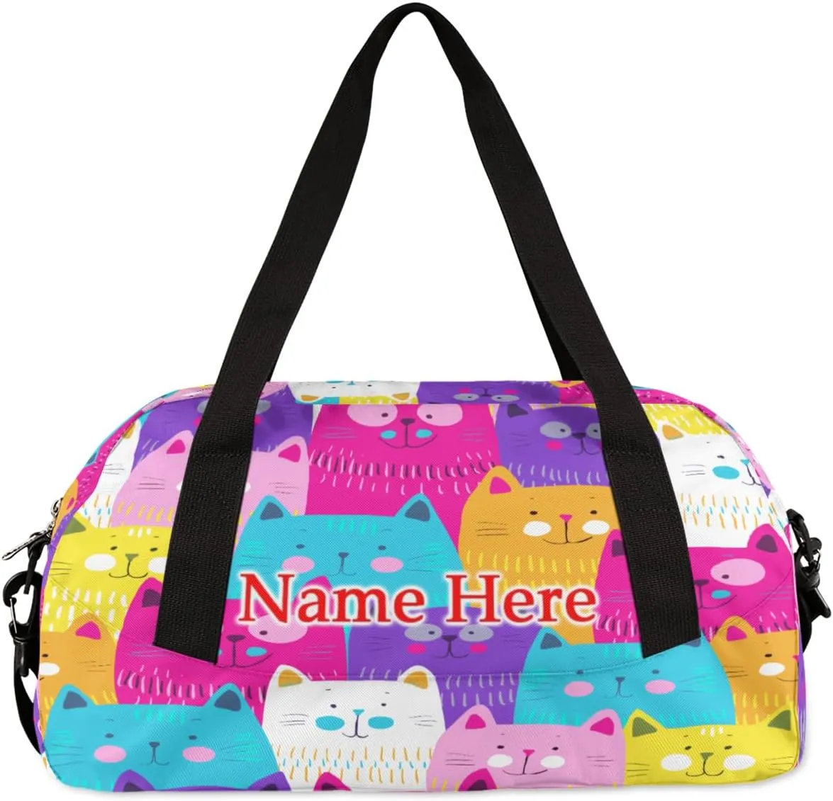 Custom Name Small Kids Overnighter Duffle Bag for Boys Girls Cute Rainbow Cats Personalized Lightweight Gym Sports Duffle Bag Travel Weekender Tote Carry on Bag Customized Kids Gifts