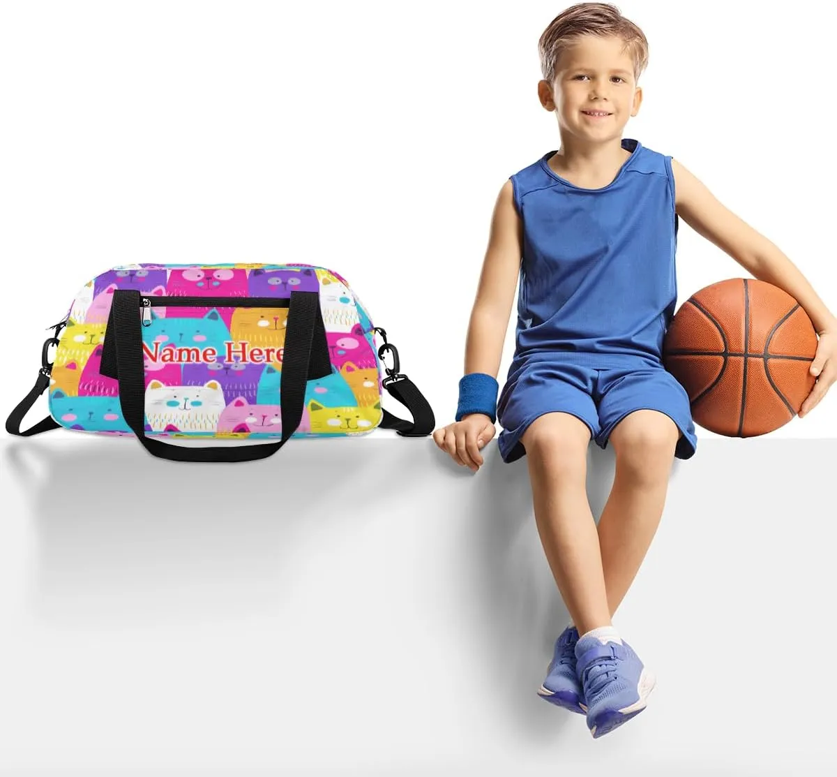Custom Name Small Kids Overnighter Duffle Bag for Boys Girls Cute Rainbow Cats Personalized Lightweight Gym Sports Duffle Bag Travel Weekender Tote Carry on Bag Customized Kids Gifts