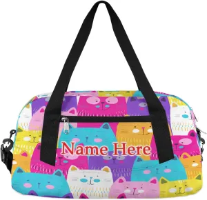 Custom Name Small Kids Overnighter Duffle Bag for Boys Girls Cute Rainbow Cats Personalized Lightweight Gym Sports Duffle Bag Travel Weekender Tote Carry on Bag Customized Kids Gifts