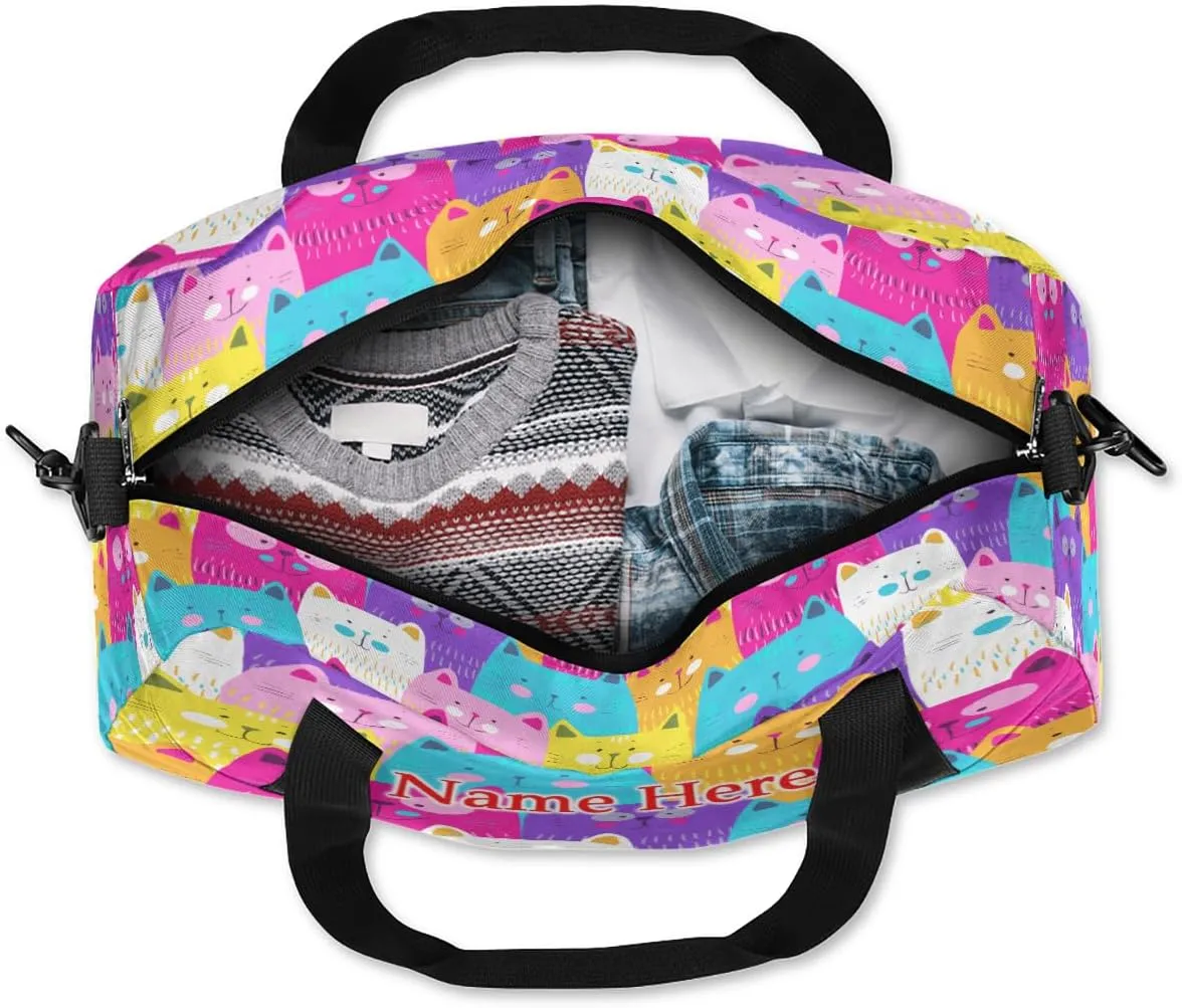 Custom Name Small Kids Overnighter Duffle Bag for Boys Girls Cute Rainbow Cats Personalized Lightweight Gym Sports Duffle Bag Travel Weekender Tote Carry on Bag Customized Kids Gifts