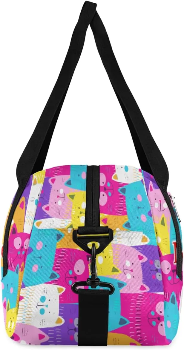 Custom Name Small Kids Overnighter Duffle Bag for Boys Girls Cute Rainbow Cats Personalized Lightweight Gym Sports Duffle Bag Travel Weekender Tote Carry on Bag Customized Kids Gifts