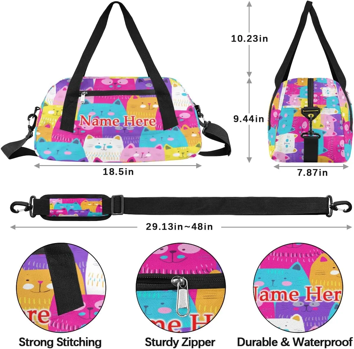 Custom Name Small Kids Overnighter Duffle Bag for Boys Girls Cute Rainbow Cats Personalized Lightweight Gym Sports Duffle Bag Travel Weekender Tote Carry on Bag Customized Kids Gifts