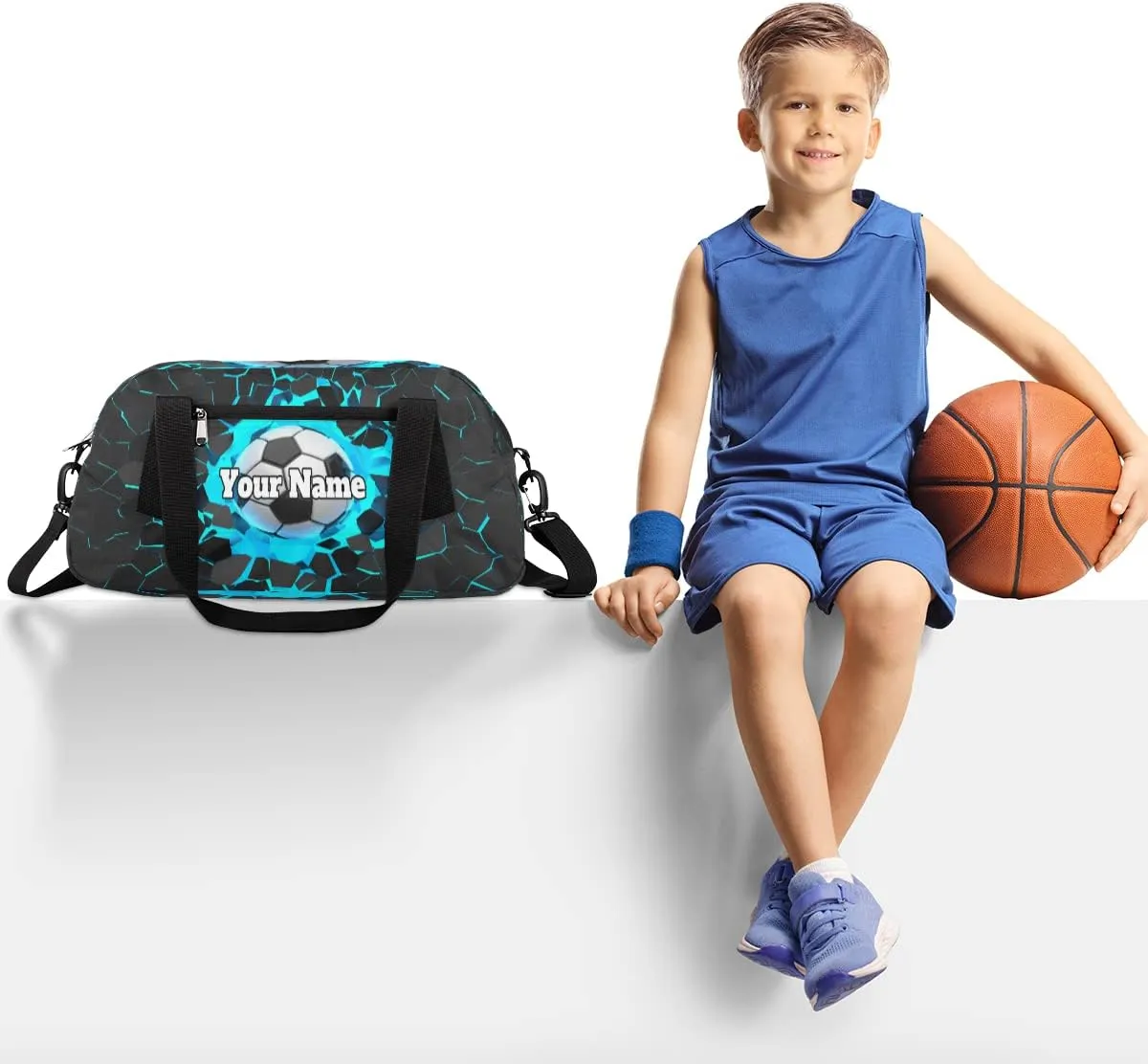 Custom Your Name 3D Light Wall Football Soccer Personalized Text Gym Duffle Bag for Kids,Sports Bag for Teens Boys & Girls Small Waterproof Overnight Weekender Carry School Practice Travel Bag