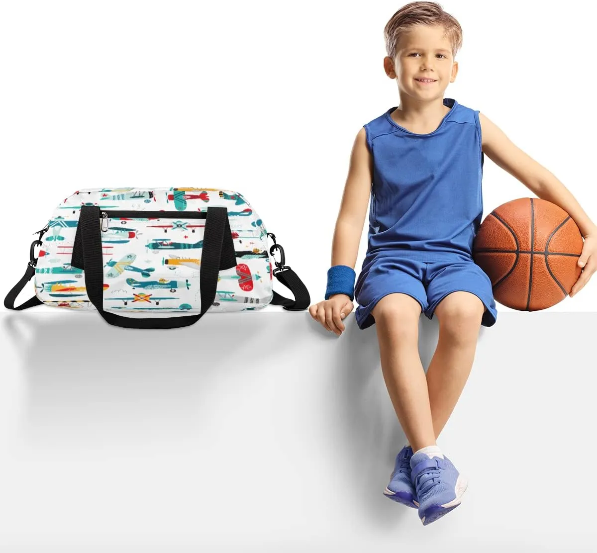 Cute Airplane Helicopter Pattern Kids Duffel Bag,Airplane Theme Sport Gym Bag for Boys Girls Teen,Weekender Overnight Tote Bag Carry On Travel Duffel Bag for School Gymnastic Ballet